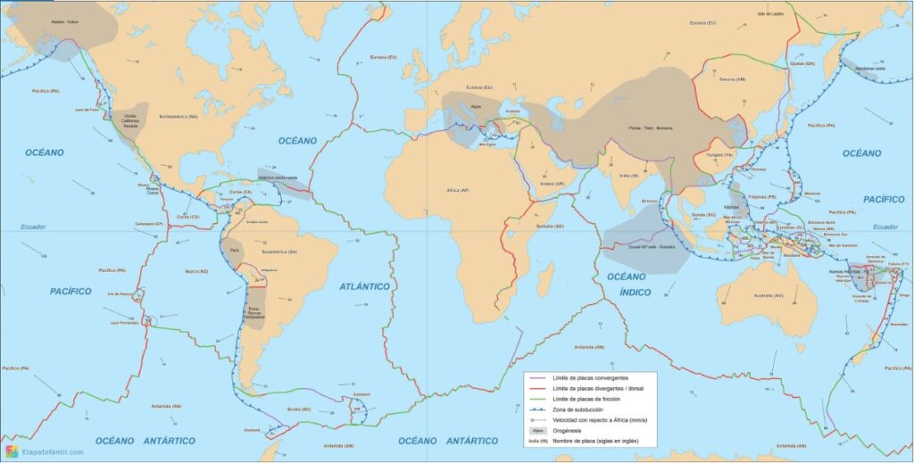 Planisferio geológico con placas tectónicas