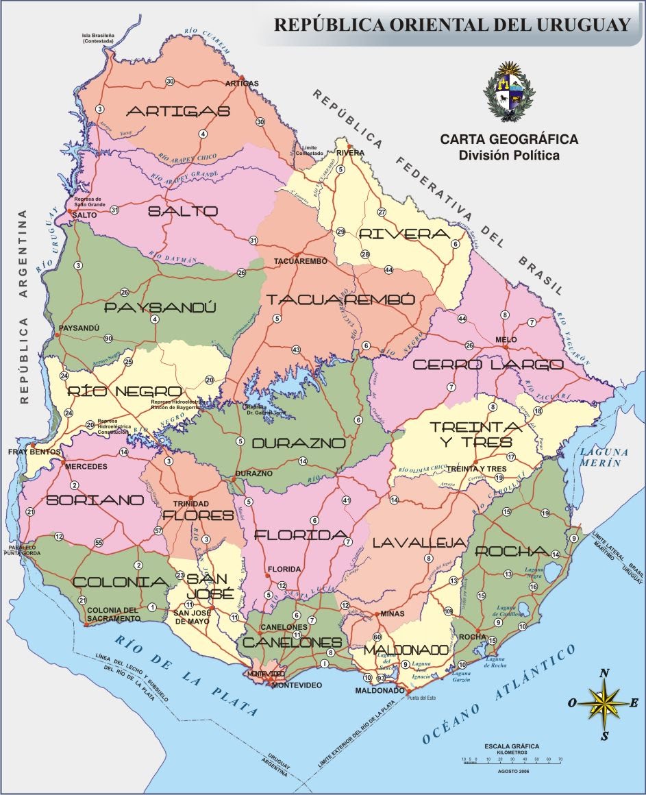 Mapa De Uruguay Con Departamentos Y Carretero En Colores   Mapa Uruguay Politico 6 